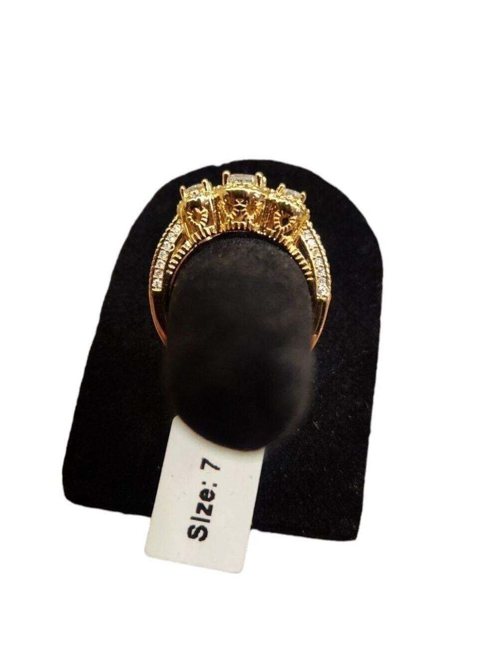 18K Gold Plated 3-Stone Simulated Diamond Halo Ring, 1.65 Ct, NEW - Picture 5 of 6